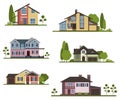 Set private houses in flat design style. Colorful residential houses and trees. Royalty Free Stock Photo